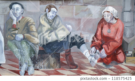 The scenes of pilgrims on their way to Santiago de Compostela, fresco by Sieger Koder on the wall of the pilgrimage house of St. James in Hohenberg, Germany The scenes of pilgrims on their way to Santiago de Compostela, fresco by Sieger Koder on the wall of the pilgrimage house of St. James in Hohenberg, Germany 118575425