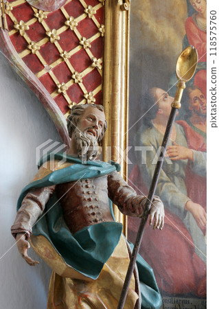 Saint Joachim, statue on the altar of Saint Joseph patron saint of a happy death in Church of Birth of Virgin Mary in Svetice, Croatia 118575760