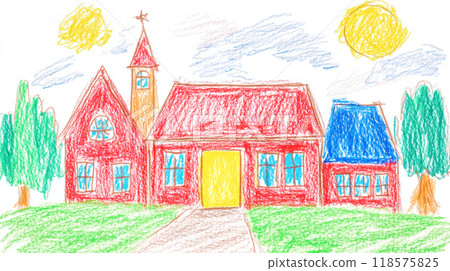 Red schoolhouse crayon drawing depicting summer vacation 118575825