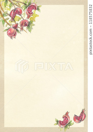 Pomegranate watercolor painting and old paper texture background illustration vertical design Pomegranate watercolor painting and old paper texture background illustration vertical design 118575832