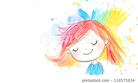 Little girl smiling with closed eyes and rainbow hair 118575834