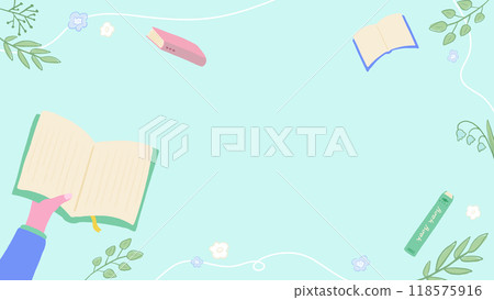 Background frame with hands holding books and plant decoration, cute hand drawn illustration Background frame with hands holding books and plant decoration, cute hand drawn illustration 118575916