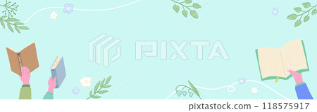 手拿書本和植物裝飾背景框,可愛的手繪插畫 手拿書本和植物裝飾背景框,可愛的手繪插畫 118575917