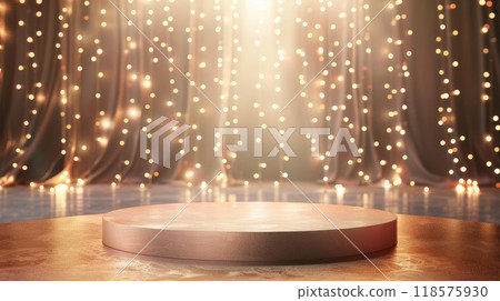 In front of a curtain adorned with lights is a podium set up. AI-generated content. 118575930