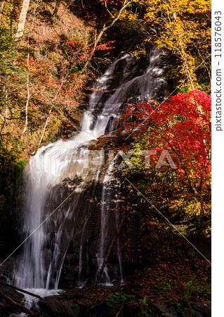 北海道惠庭市，紅葉染紅的三層瀑布【10月】 118576043