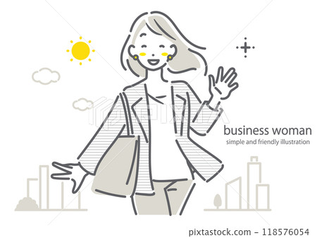 A fulfilled businesswoman going to work with a smile - simple and stylish line drawing illustration 118576054