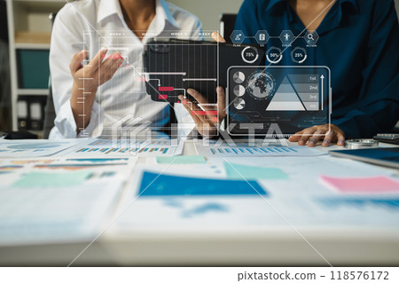 Project manager working and update tasks with milestones progress planning and professional investor working new start up project in the office. 118576172
