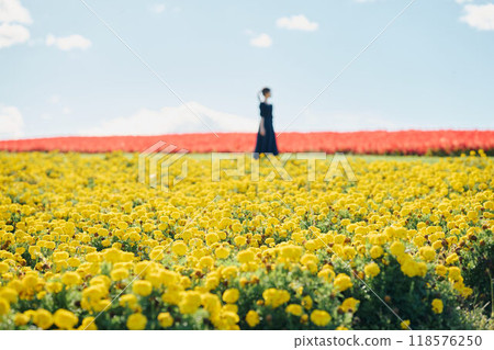 Woman standing in a flower field 118576250