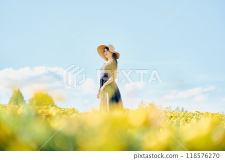 A woman wearing a hat standing in a flower field A woman wearing a hat standing in a flower field 118576270