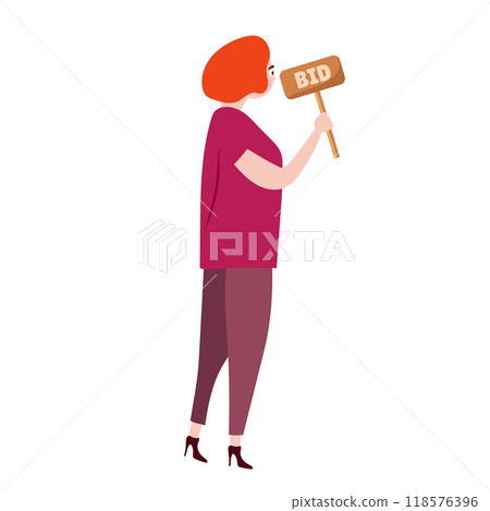 Woman with bid at auction in flat design. Buyer trading at art gallery. Vector illustration isolated. Woman with bid at auction in flat design. Buyer trading at art gallery. Vector illustration isolated. 118576396