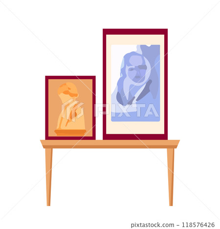 Gallery paintings at table in flat design. Artworks canvas at exhibition. Vector illustration isolated. Gallery paintings at table in flat design. Artworks canvas at exhibition. Vector illustration isolated. 118576426