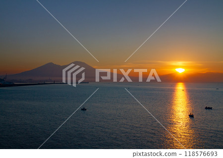 Southern Europe, Italy, Campania, Naples, Bay of Naples, Mount Vesuvius and the Morning Light Path at Sunrise from Santa Lucia Southern Europe, Italy, Campania, Naples, Bay of Naples, Mount Vesuvius and the Morning Light Path at Sunrise from Santa Lucia 118576693