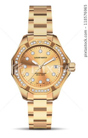 Realistic clock chronograph watch for men copper diamond design luxury elegance fashion for men on white background vector Realistic clock chronograph watch for men copper diamond design luxury elegance fashion for men on white background vector 118576965
