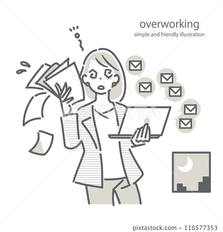 A simple and stylish line drawing of a business person working overtime while feeling stressed 118577353
