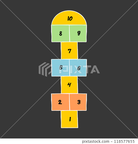 Hopscotch chalk doodle drawing, street Jumping game kids activity. Hop scotch with numbers. Summer outdoor fun. Hopscotch chalk doodle drawing, street Jumping game kids activity. Hop scotch with numbers. Summer outdoor fun. 118577655