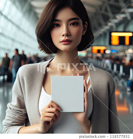 Happy attractive asian woman traveler at the modern airport terminal, copy space, Tourist journey trip concept with Generative AI. 118577831