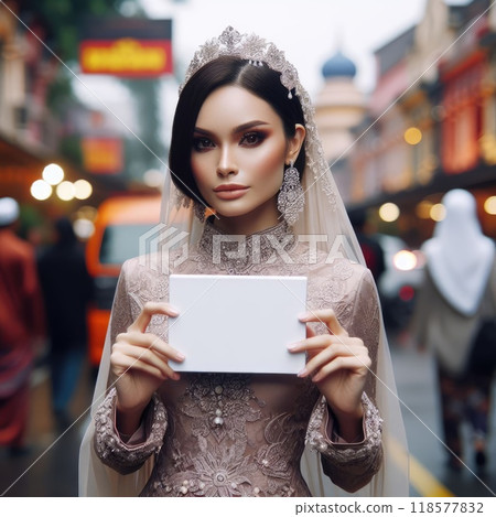Young islamic(muslimah) girl with traditional clothing holding blank sign with Generative AI. 118577832