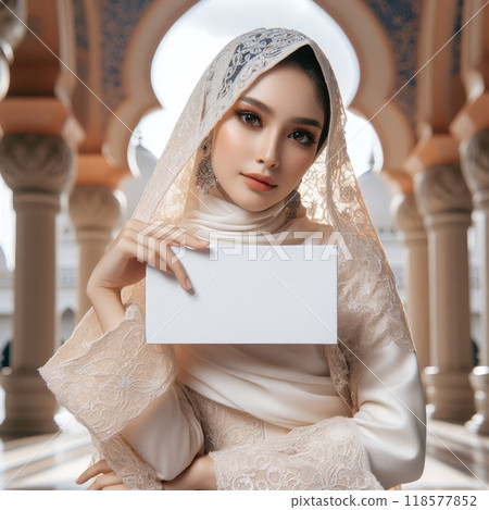 Young islamic(muslimah) girl with traditional clothing holding blank sign with Generative AI. 118577852