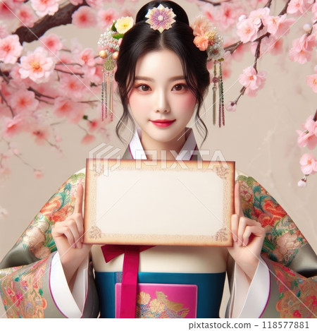 Young Asian girl with Korean traditional clothing hanboks dress holding blank sign with Generative AI. Young Asian girl with Korean traditional clothing hanboks dress holding blank sign with Generative AI. 118577881