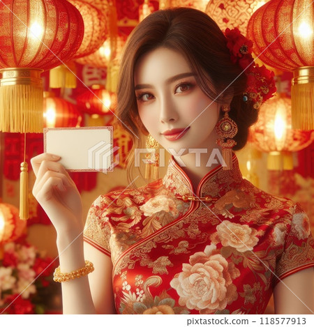 Young Asian girl with Cheongsam dress holding blank sign with Generative AI. Young Asian girl with Cheongsam dress holding blank sign with Generative AI. 118577913