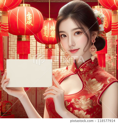 Young Asian girl with Cheongsam dress holding blank sign with Generative AI. 118577914