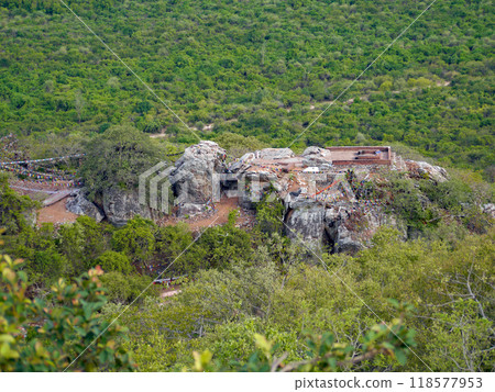 A view from above of the incense hall of Vulture Peak, which stands on the eastern outskirts of Rajgir Rajagriha, a Buddhist holy site in the state of Magadha, India. 118577953
