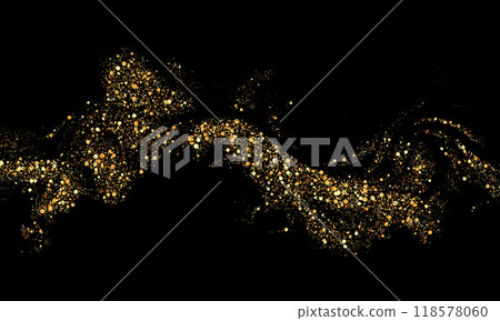 Scattered golden particles on dark background. Holiday background or design element. New Year and Christmas 118578060