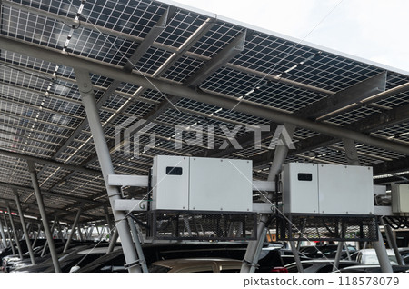 Solar panel installed in car parking lot array of control inverter unit Solar panel installed in car parking lot array of control inverter unit 118578079