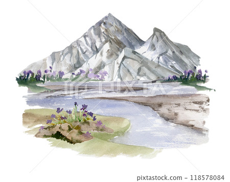 Scenery landscape of mountain range snowy peaks, river lake fields meadow swamp flowers alpine vista hand drawn in watercolor. Illustration for tourism map, resort ads, hiking camping sites, vacation. Scenery landscape of mountain range snowy peaks, river lake fields meadow swamp flowers alpine vista hand drawn in watercolor. Illustration for tourism map, resort ads, hiking camping sites, vacation. 118578084