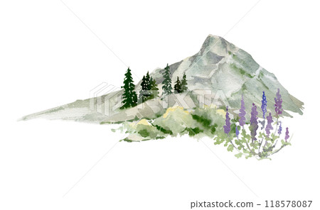 Scenery landscape of mountain range peaks cliffs, coniferous forest pine trees, alpine flowers vista hand drawn in watercolor. Illustration for tourism maps, resort ads, hiking camping sites vacation. 118578087