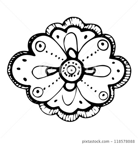 Floral lace traditional embroidery exotic orchid rose flowers and leaves, folk ethnic stylized. Hand drawn ink vector illustration. Single element isolated on white. Design travel, vacation, brochure 118578088