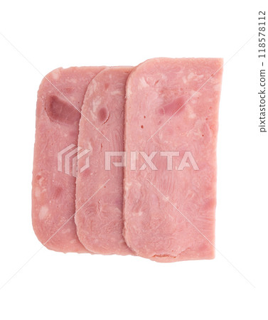 ham slices isolated on white 118578112