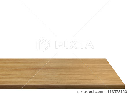 Side view of empty wooden table isolated on white background. 118578130
