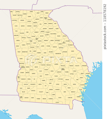 Georgia counties, political map. State in the Southeastern region of the United States, subdivided into 159 counties. Nicknamed Peach State, and Empire State of the South. Map with county names. 118578192