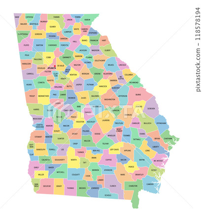 Georgia, U.S. state, subdivided into 159 counties, multi colored political map with capital Atlanta, borders and county names. State in the Southeastern region of the United States. The Peach State. 118578194