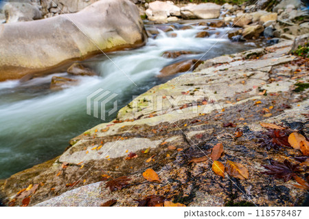 Autumn in Okutsukei Valley: River flow and fallen leaves in the valley, Kagamino-cho, Tomata-gun, Okayama Prefecture 118578487