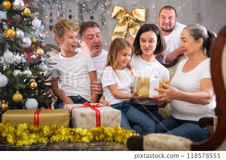 Big family is celebrating New Year together and talking at table indoors Big family is celebrating New Year together and talking at table indoors 118578555