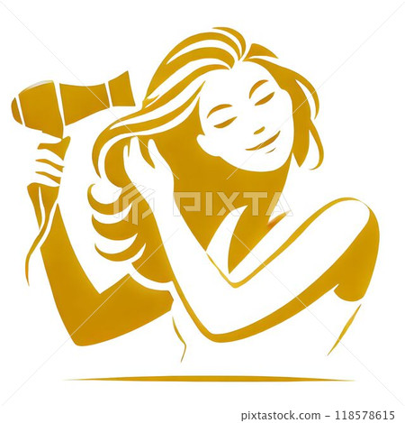 A woman, depicted in a golden silhouette, is drying her hair with a hairdryer. She has her eyes closed and looks very comfortable. 118578615
