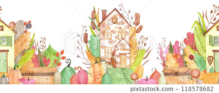 Hand drawn watercolor autumn fairytale house with berries and mushrooms seamless frame border isolated on white background. Can be used for textile, fabric, scrapbook and other printed products. 118578682