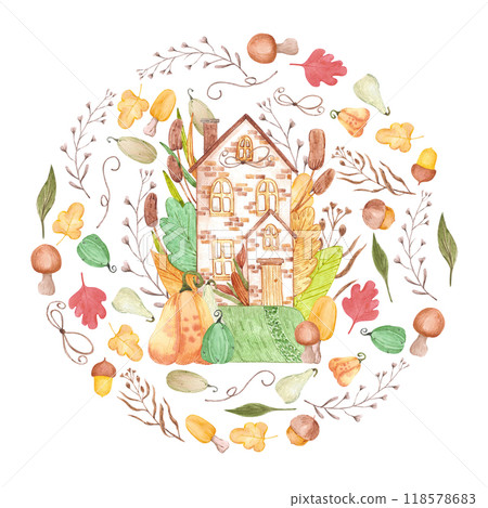 Hand drawn watercolor autumn fairytale house with mushrooms and leaves frame border isolated on white background. Can be used for postcard, label, scrapbook and other printed products. 118578683
