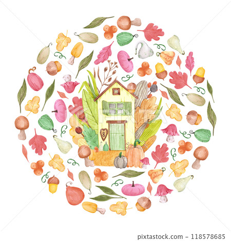 Hand drawn watercolor autumn fairytale house with mushrooms and leaves frame border isolated on white background. Can be used for postcard, label, scrapbook and other printed products. Hand drawn watercolor autumn fairytale house with mushrooms and leaves frame border isolated on white background. Can be used for postcard, label, scrapbook and other printed products. 118578685