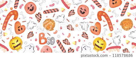 Hand drawn watercolor halloween treats seamless frame border isolated on white background. Can be used for textile, fabric, scrapbook and other printed products. Hand drawn watercolor halloween treats seamless frame border isolated on white background. Can be used for textile, fabric, scrapbook and other printed products. 118578686