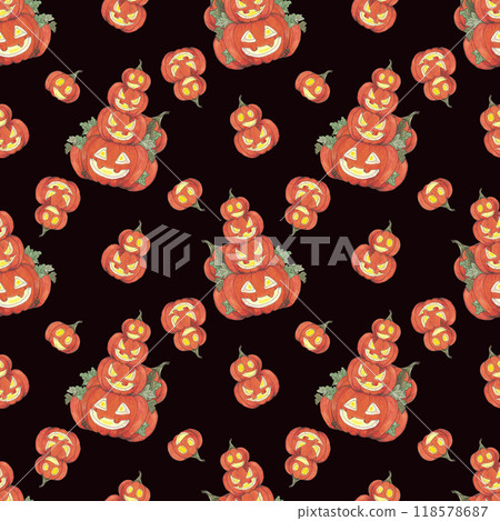 Hand drawn watercolor Jack-o-lantern pumpkin seamless pattern isolated on black background. Can be used for textile, fabric, scrapbook and other printed products. 118578687
