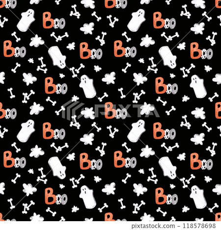 Hand drawn watercolor halloween ghosts and bones seamless pattern isolated on black background. Can be used for textile, fabric, scrapbook and other printed products. 118578698