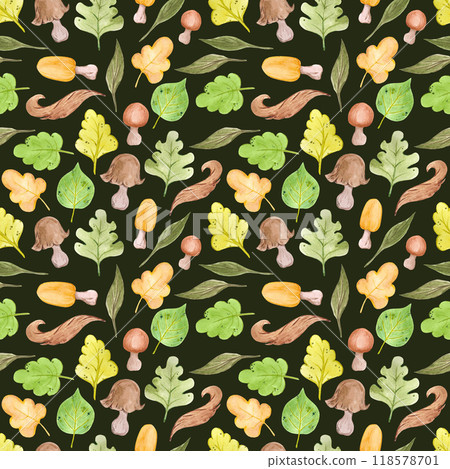 Hand drawn watercolor autumn mushrooms and leaves seamless pattern isolated on dark background. Can be used for textile, fabric, scrapbook and other printed products. Hand drawn watercolor autumn mushrooms and leaves seamless pattern isolated on dark background. Can be used for textile, fabric, scrapbook and other printed products. 118578701
