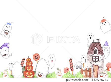 Hand drawn watercolor Halloween ghosts and haunted house frame border isolated on white background. Can be used for postcard, label, scrapbook and other printed products. Hand drawn watercolor Halloween ghosts and haunted house frame border isolated on white background. Can be used for postcard, label, scrapbook and other printed products. 118578717