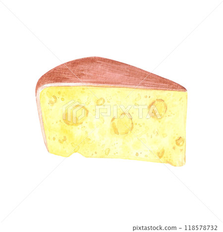Hand drawn watercolor piece of cheese isolated on white background. Can be used for postcard, label, scrapbook and other printed products. 118578732