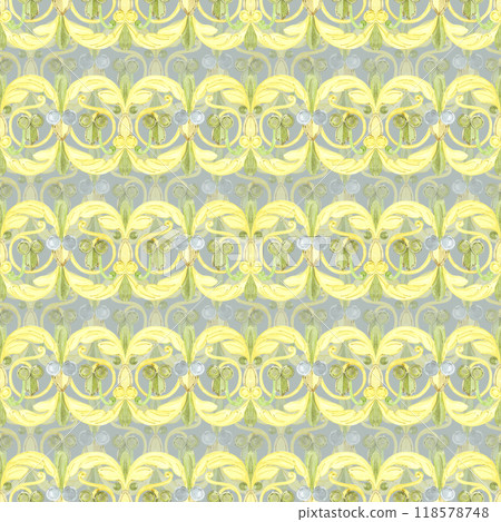 Hand drawn watercolor Russian traditional ornament seamless pattern isolated on grey background. Illustration can be used for textile, fabric, scrapbook and other printed products. 118578748