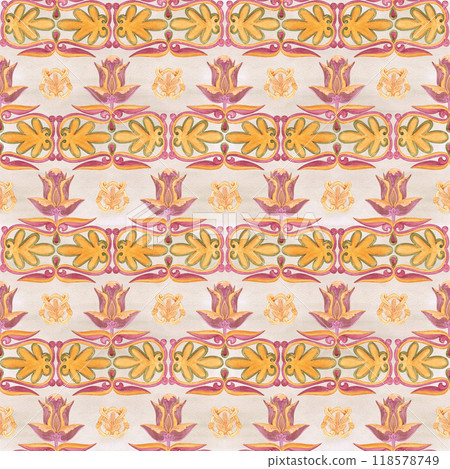 Hand drawn watercolor Russian traditional floral ornament seamless pattern isolated on grey pink background. Illustration can be used for textile, fabric, scrapbook and other printed products. 118578749