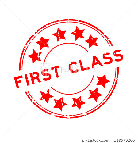 Grunge red first class word with star icon round rubber seal stamp on white background Grunge red first class word with star icon round rubber seal stamp on white background 118579200